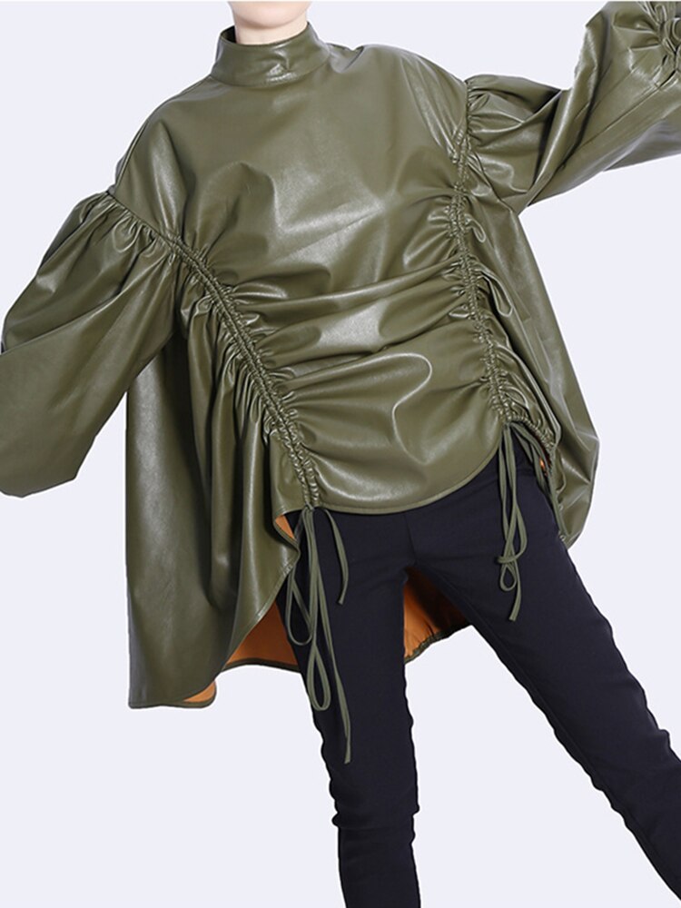 faux leather blouse with ruched sides and balloon sleeves - Addalyn