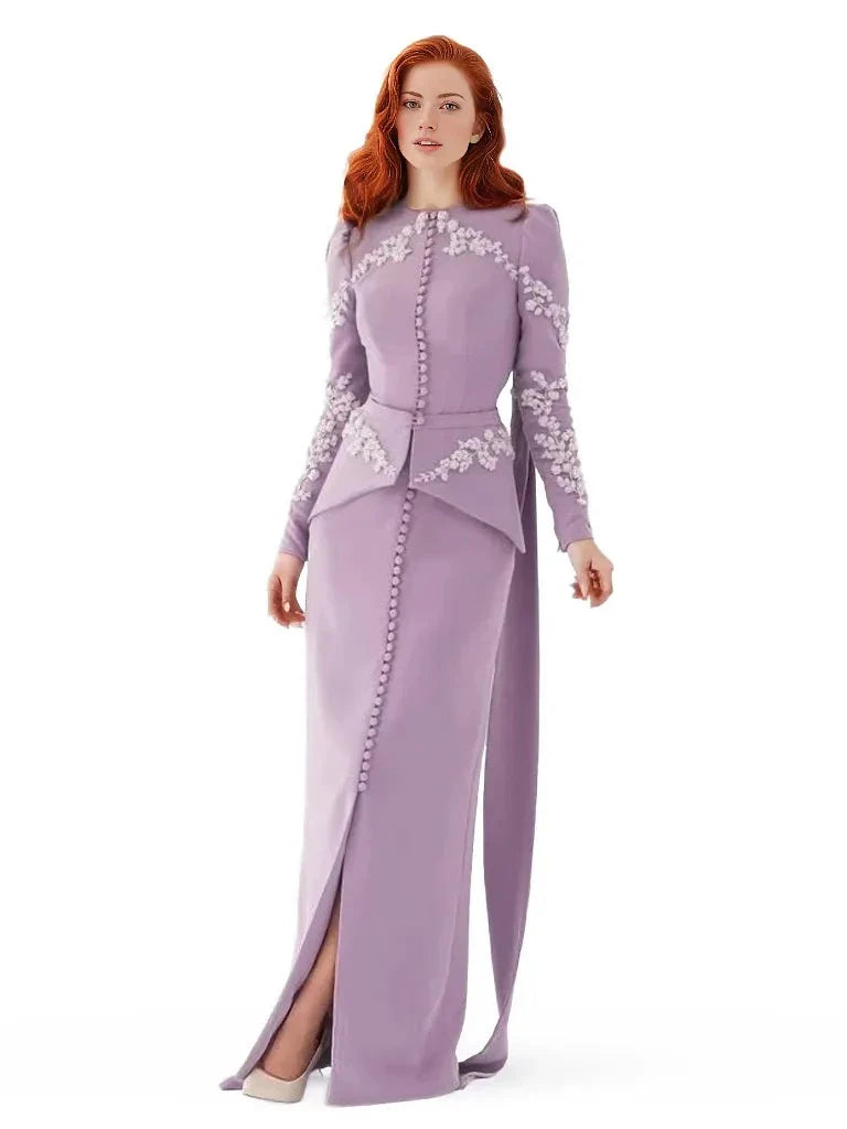 Embroidered peplum gown with front slit – Olged