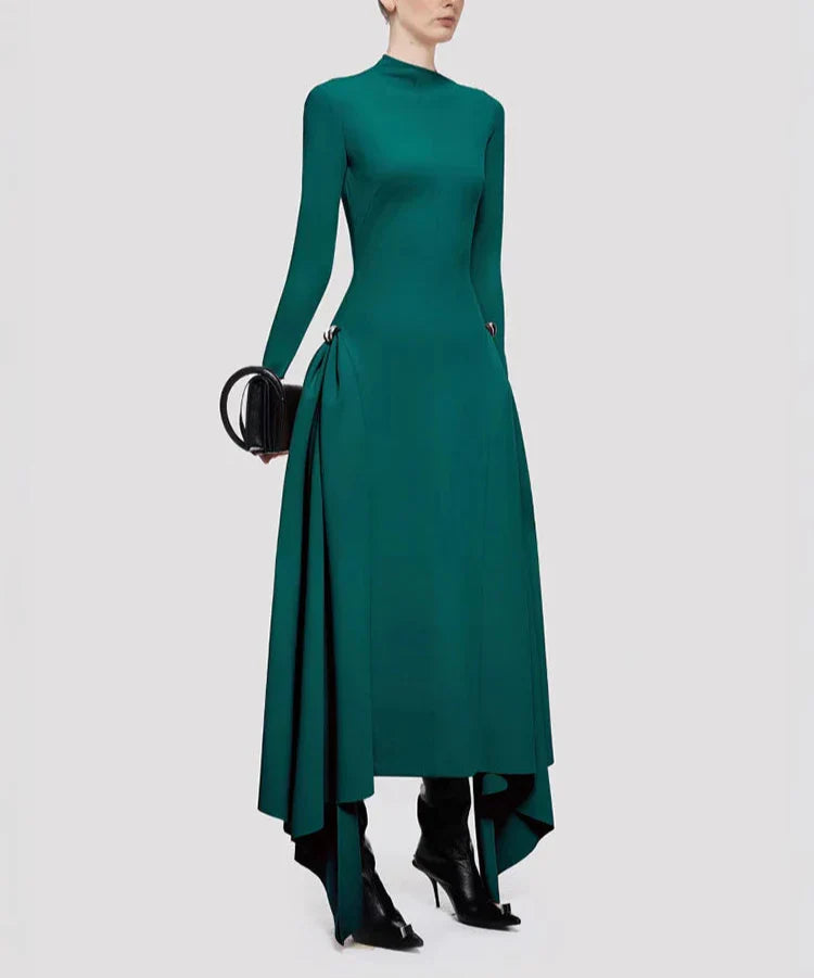 high-neck asymmetric hem midi dress – Rovnah