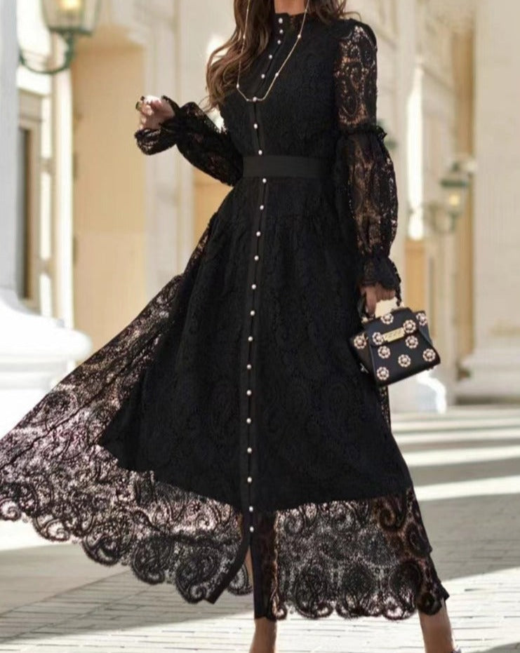 button-down lace maxi dress with belt – Aellfleda