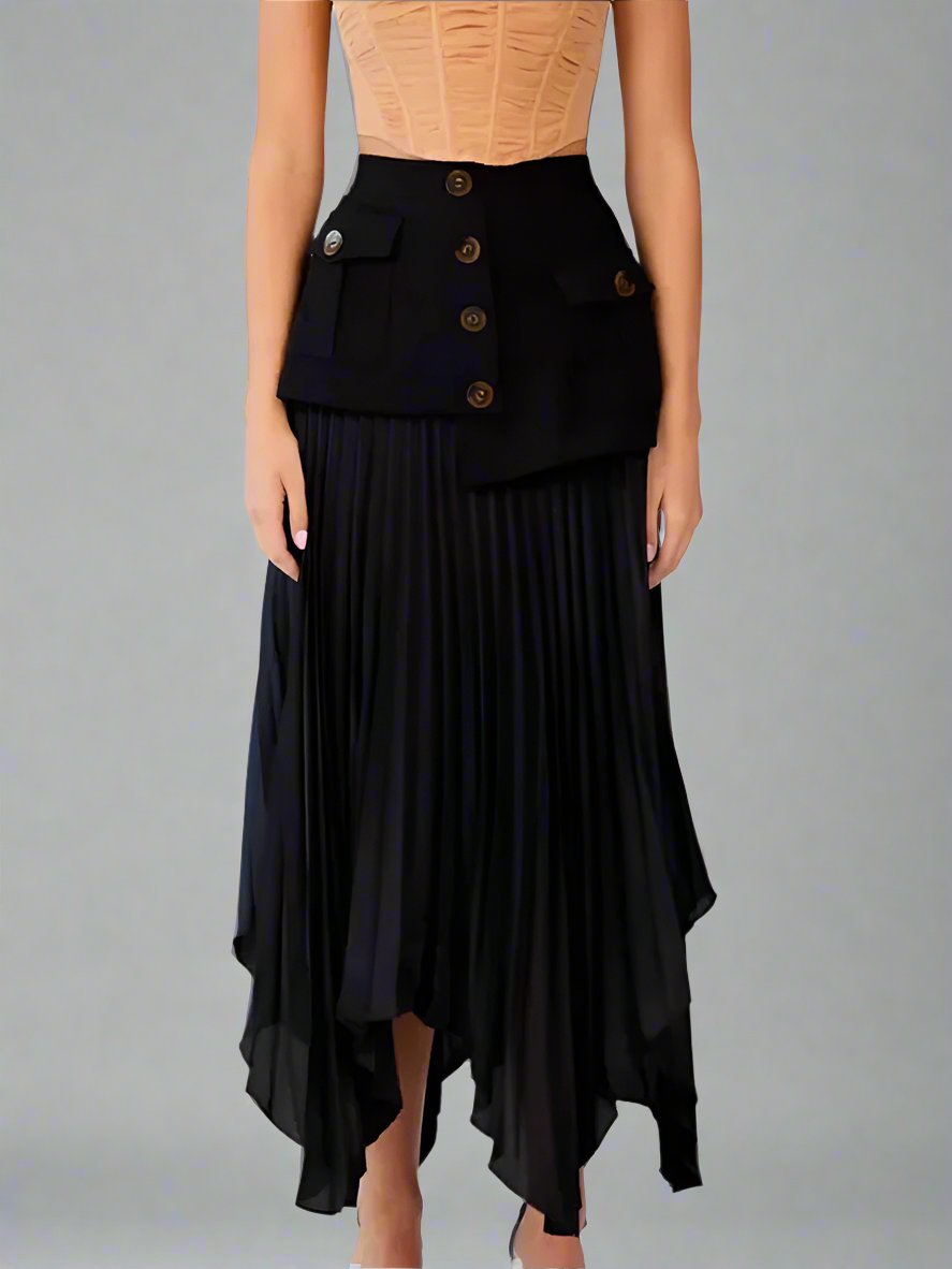 asymmetrical pleated midi skirt with pocket detail - Tibna