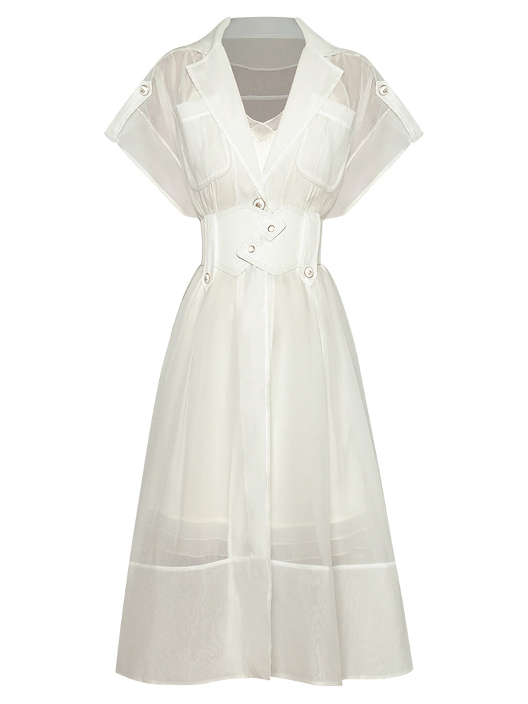 belted sheer midi dress with wide lapels – Edyva