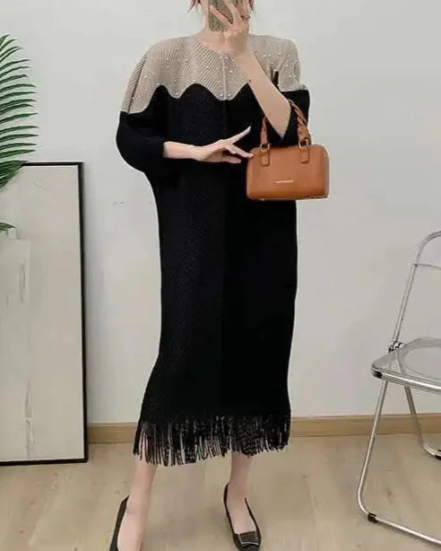 relaxed batwing dress with fringe hem - AMINZA