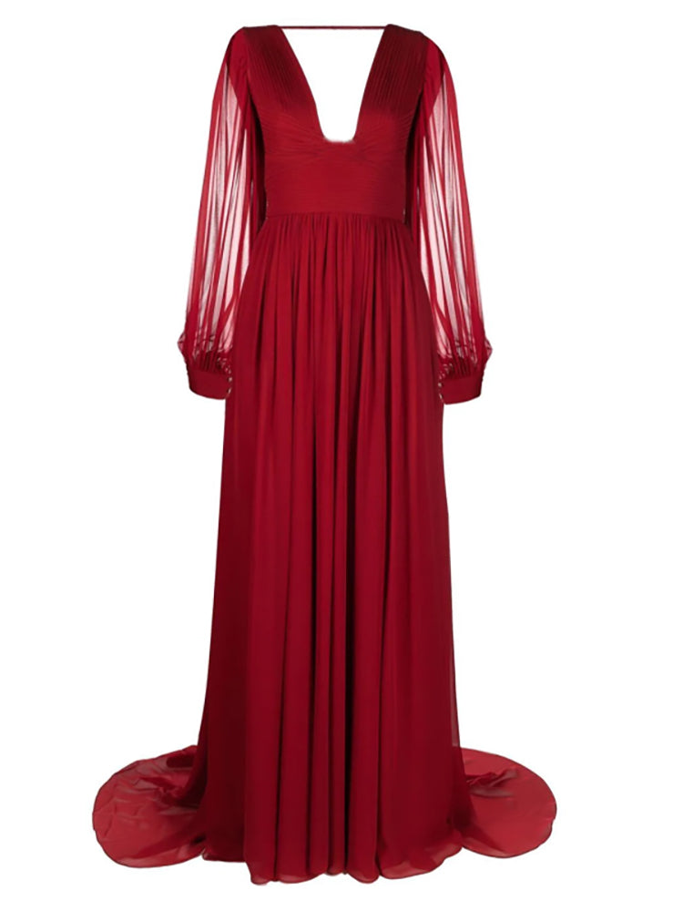 deep V-neck chiffon gown with bishop sleeves – Tessi