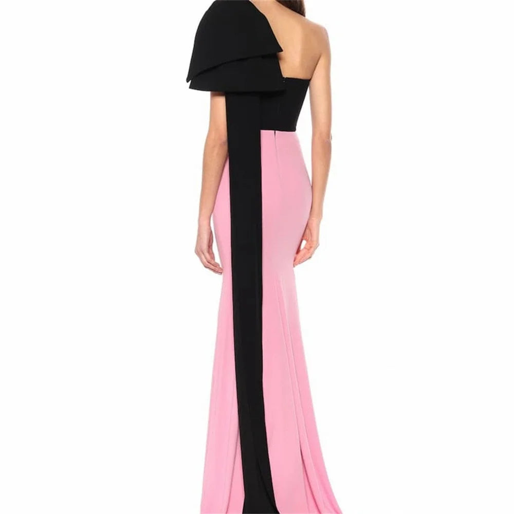 Two-tone one-shoulder gown with draped bow – Golzsa
