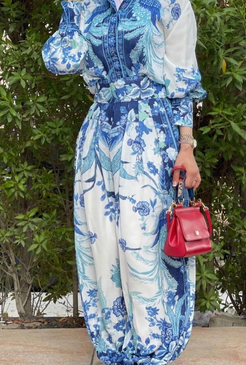 long-sleeve printed chiffon shirt and wide-leg pants set - Phoenix