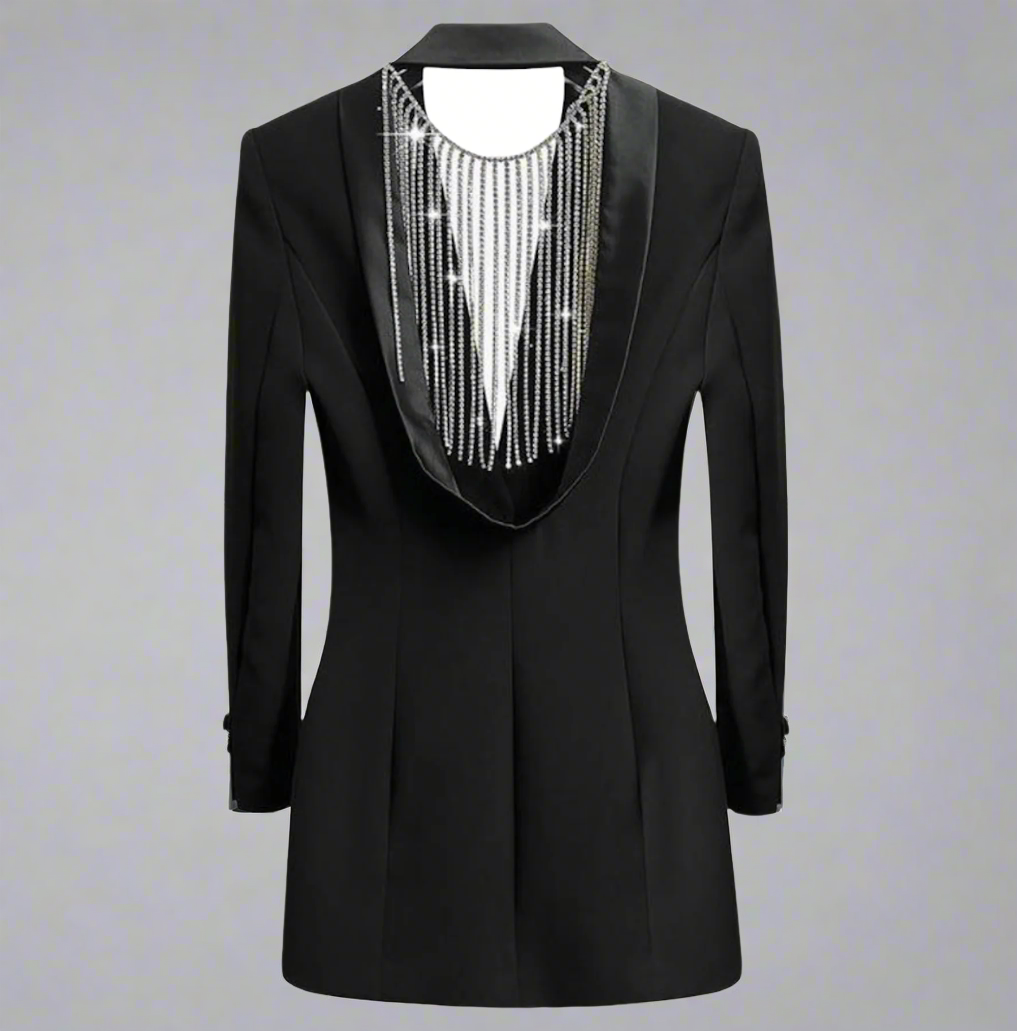 long sleeve blazer with satin lapel and crystal fringe - Zamira