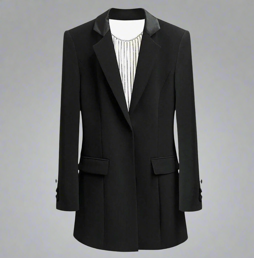 long sleeve blazer with satin lapel and crystal fringe - Zamira