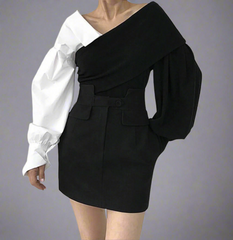 asymmetrical colorblock blouse with puff sleeve - Gajanad