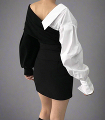 asymmetrical colorblock blouse with puff sleeve - Gajanad