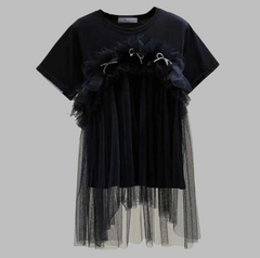short sleeve tulle overlay t-shirt with bow accents - Langi