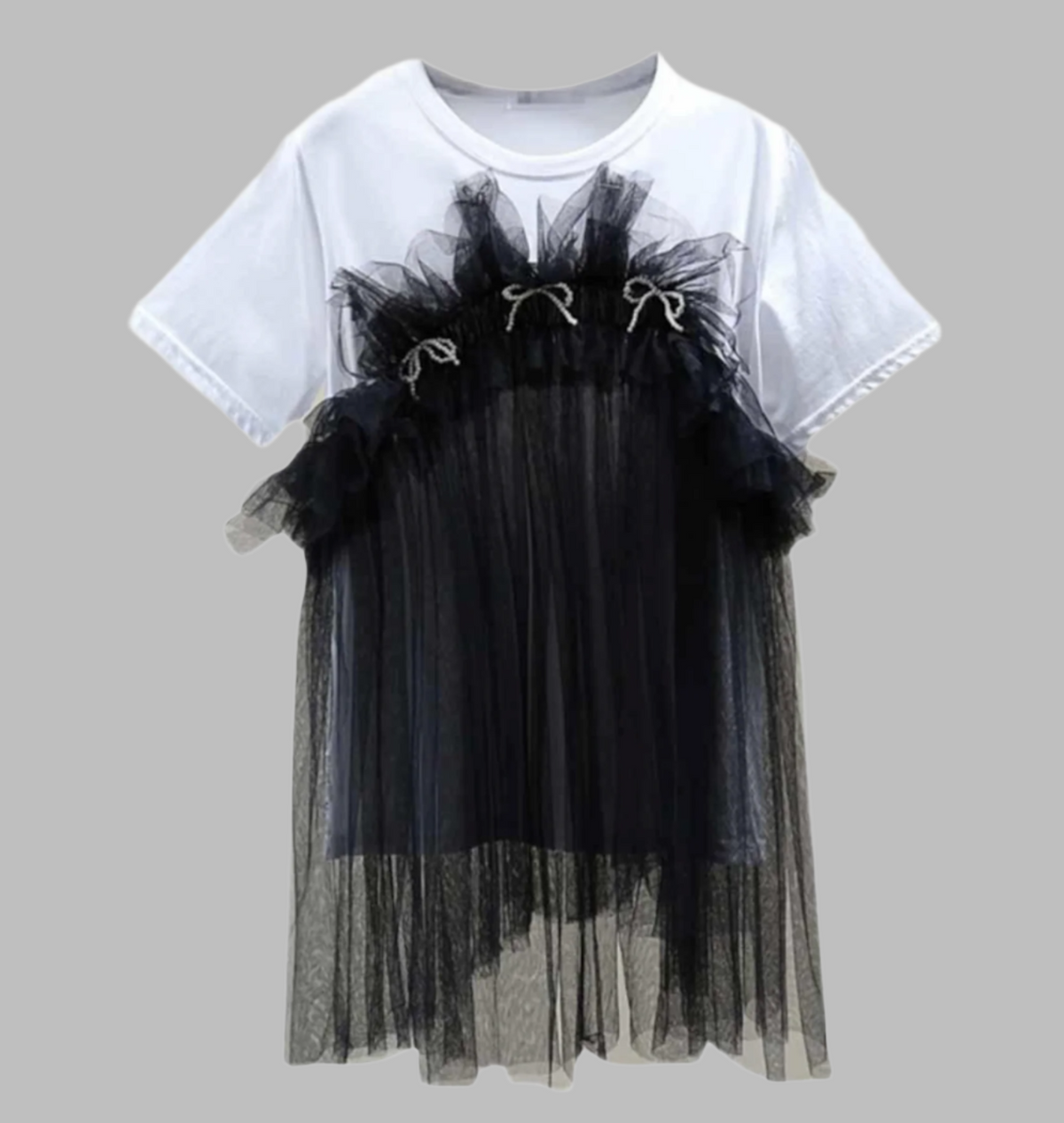short sleeve tulle overlay t-shirt with bow accents - Langi