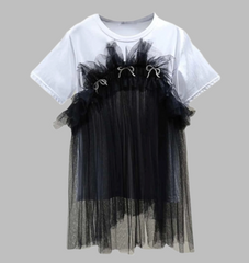 short sleeve tulle overlay t-shirt with bow accents - Langi