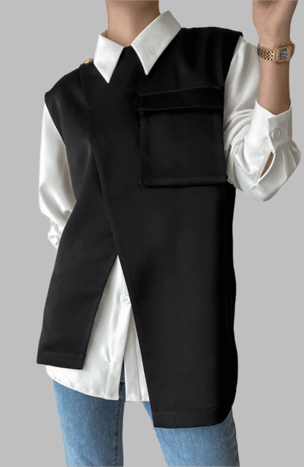 layered contrast-panel blouse with asymmetric overlay - Michigan