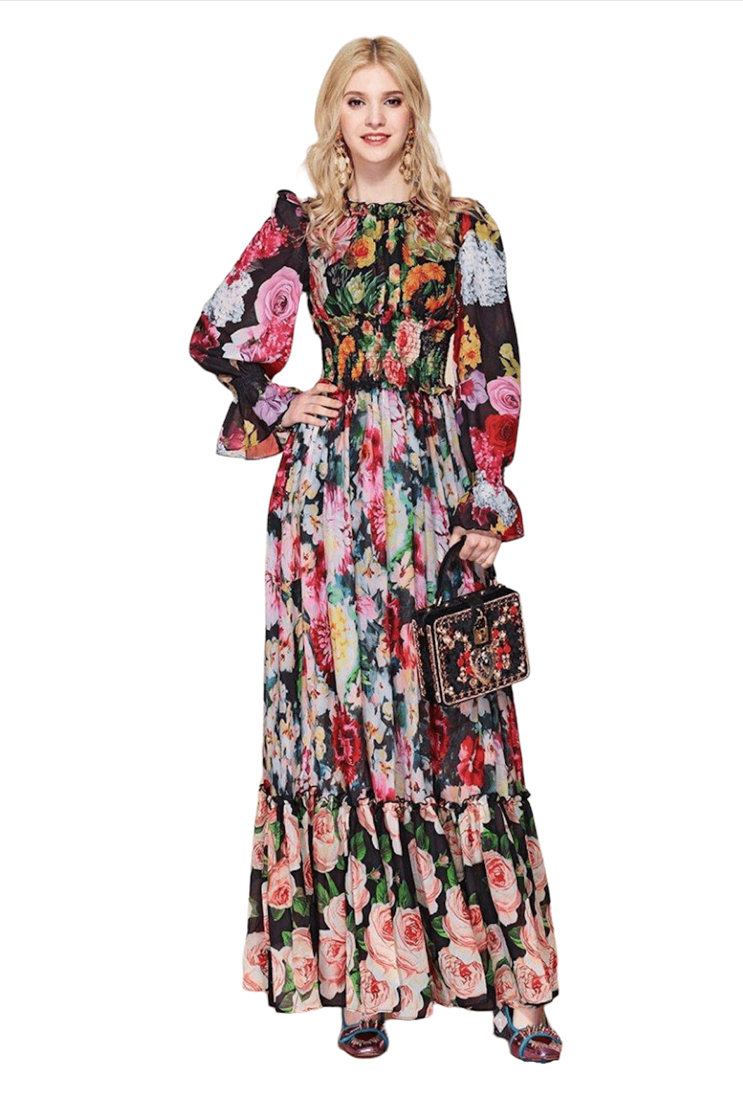 Multicolor floral print maxi dress with smocked bodice – Derenia