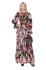 Multicolor floral print maxi dress with smocked bodice – Derenia