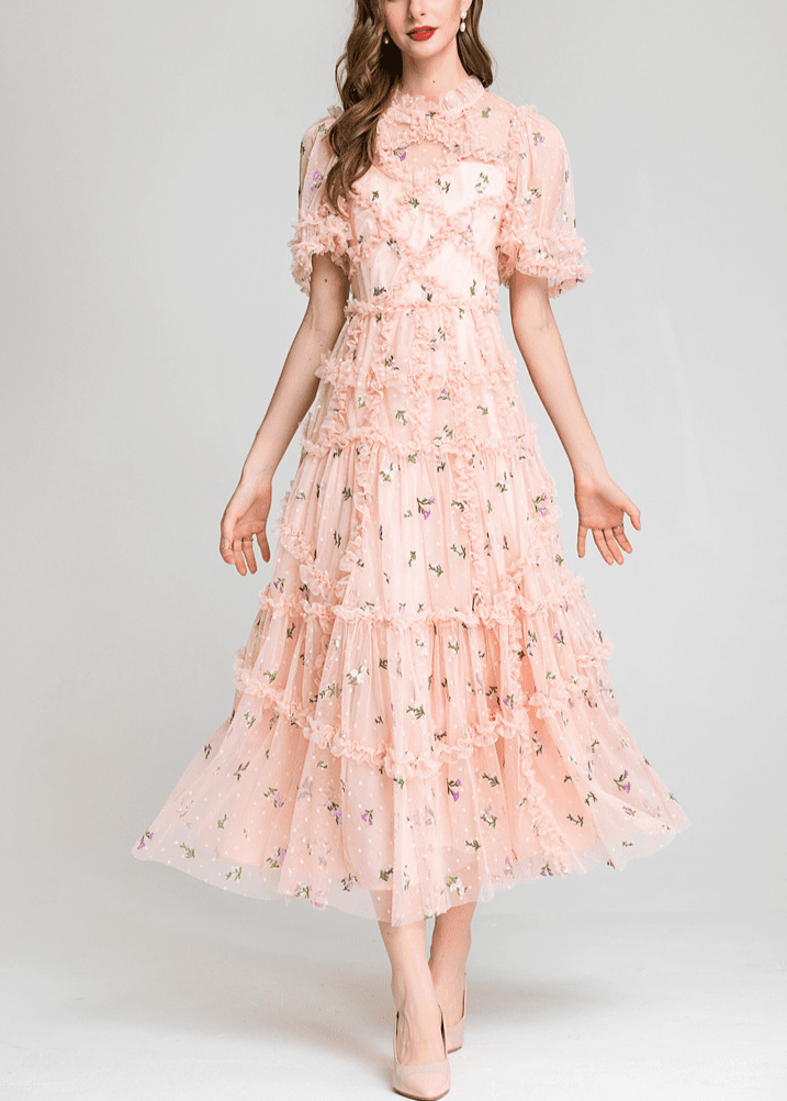 tiered ruffle tulle dress with floral embroidery – CharliP