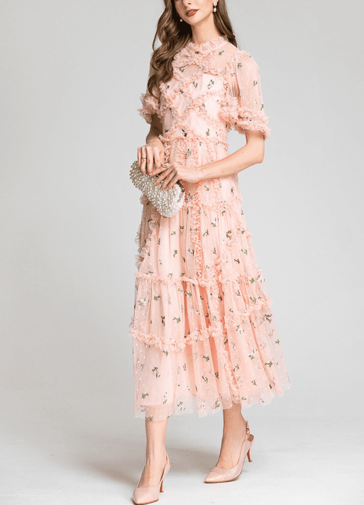tiered ruffle tulle dress with floral embroidery – CharliP