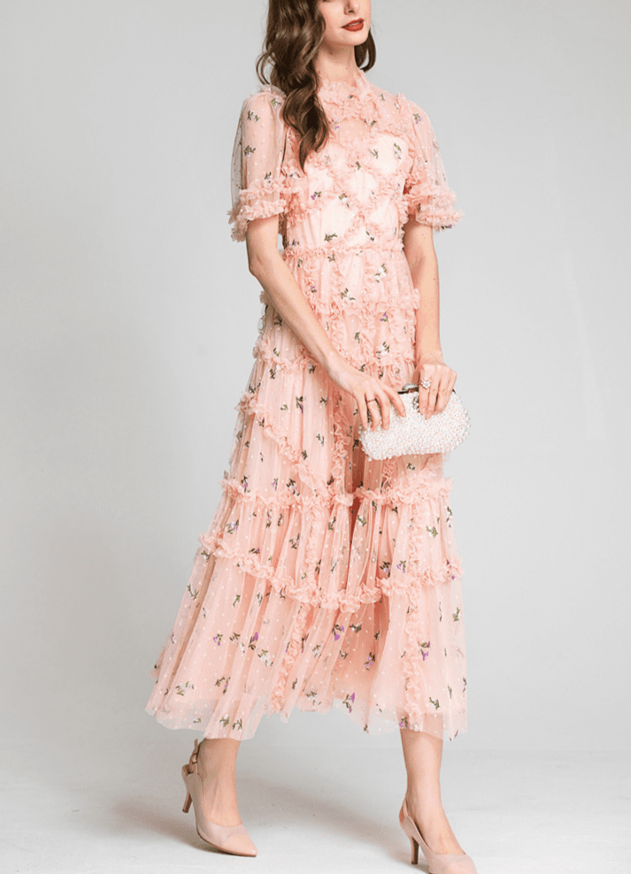 tiered ruffle tulle dress with floral embroidery – CharliP