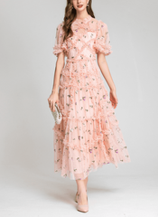 tiered ruffle tulle dress with floral embroidery – CharliP