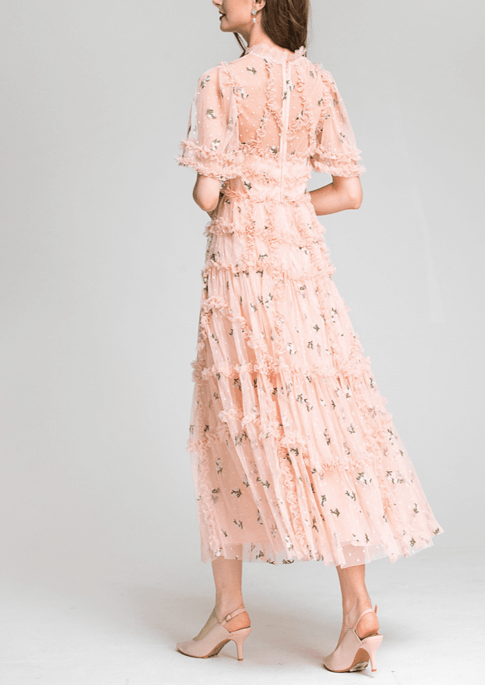 tiered ruffle tulle dress with floral embroidery – CharliP
