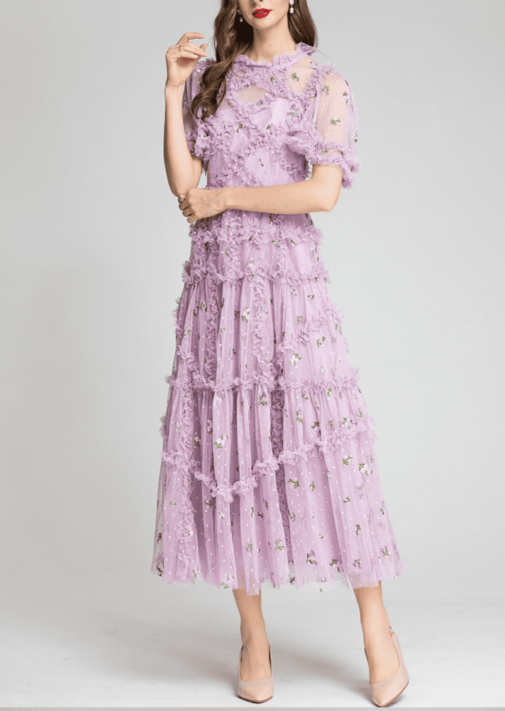 tiered ruffle tulle dress with floral embroidery – CharliP