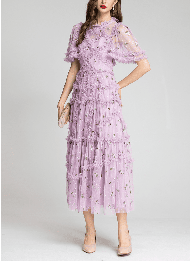 tiered ruffle tulle dress with floral embroidery – CharliP
