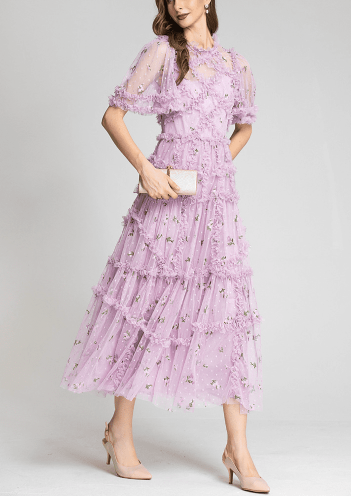 tiered ruffle tulle dress with floral embroidery – CharliP
