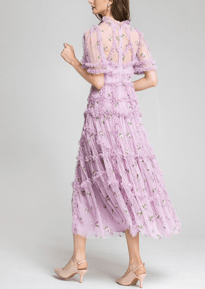 tiered ruffle tulle dress with floral embroidery – CharliP