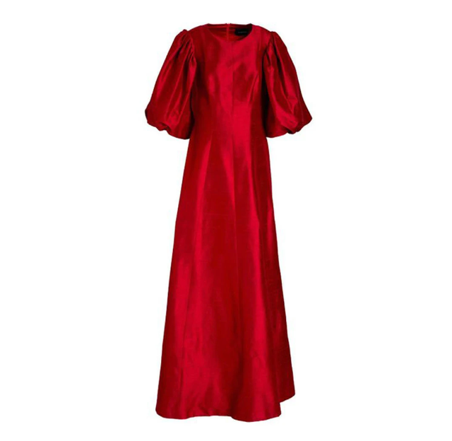 puff-sleeve satin gown in crimson – Tiarna