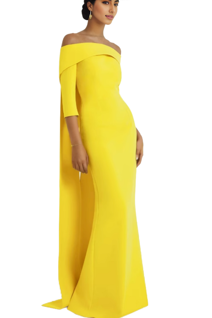off-shoulder column gown with cape-back – Tessara