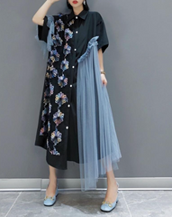floral-appliqué shirt dress with tulle panels – Evinka