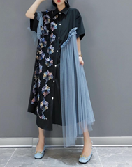 floral-appliqué shirt dress with tulle panels – Evinka
