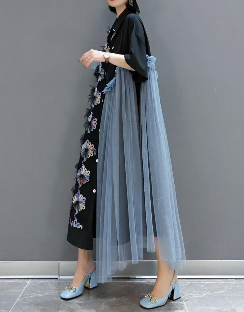 floral-appliqué shirt dress with tulle panels – Evinka