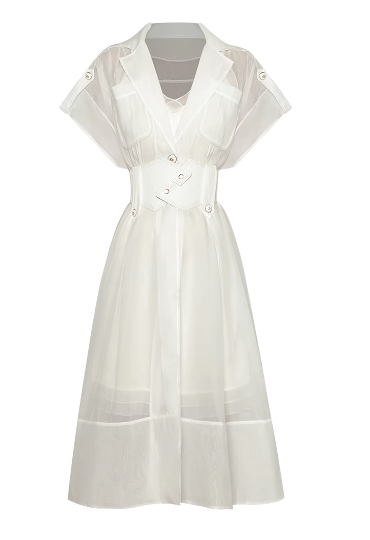 belted sheer midi dress with wide lapels – Edyva