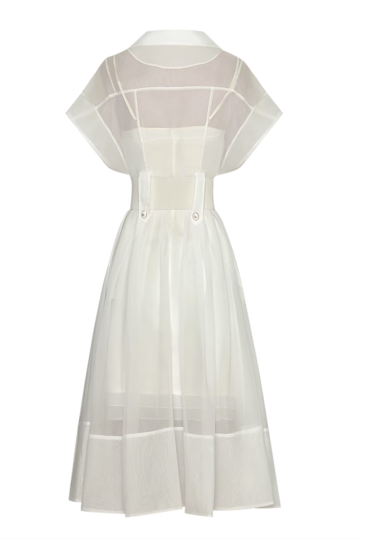 belted sheer midi dress with wide lapels – Edyva