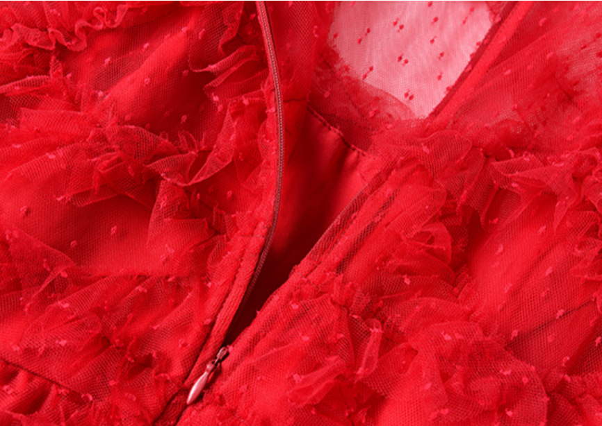 tiered ruffle tulle gown in crimson – Eeshika