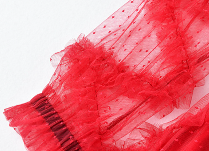 tiered ruffle tulle gown in crimson – Eeshika