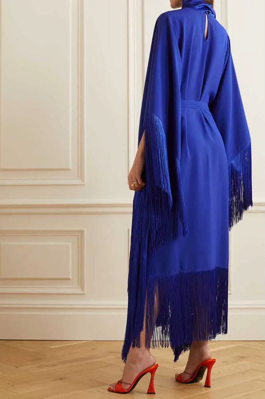 fringed kaftan gown with tie-neck – Sushali