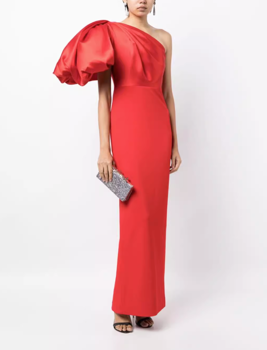 one-shoulder gown with voluminous sleeve – Surenia