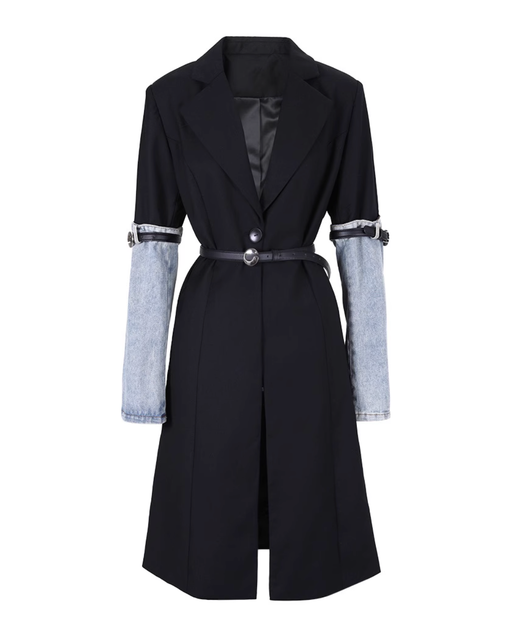 belted longline coat with denim sleeve accents - SunJung