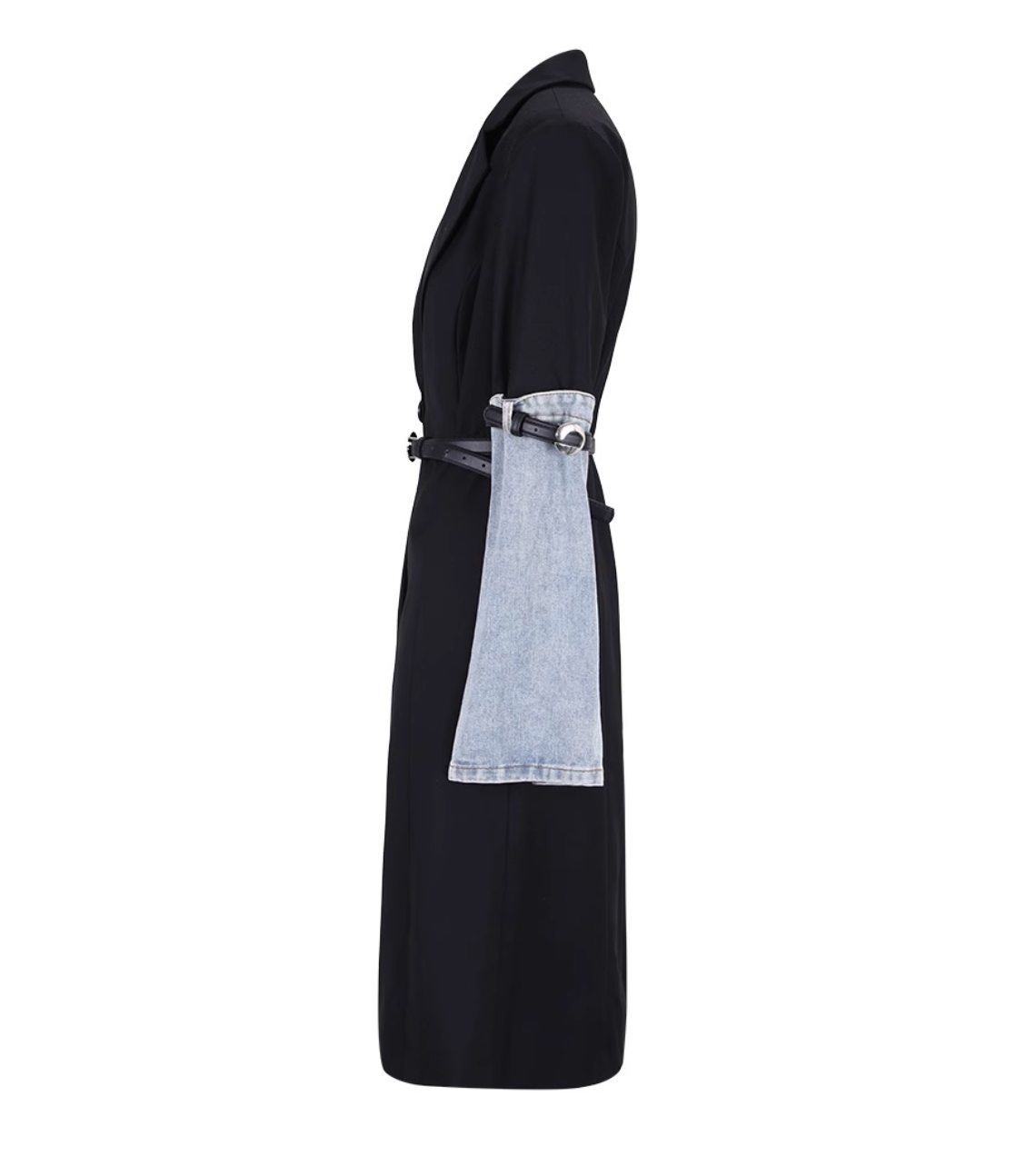 belted longline coat with denim sleeve accents - SunJung