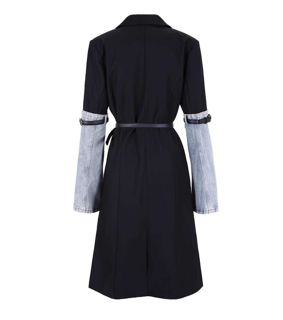 belted longline coat with denim sleeve accents - SunJung