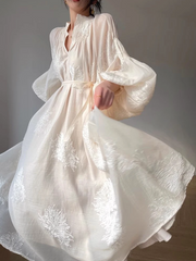 embroidered organza midi dress with puff sleeves – Elsabeth