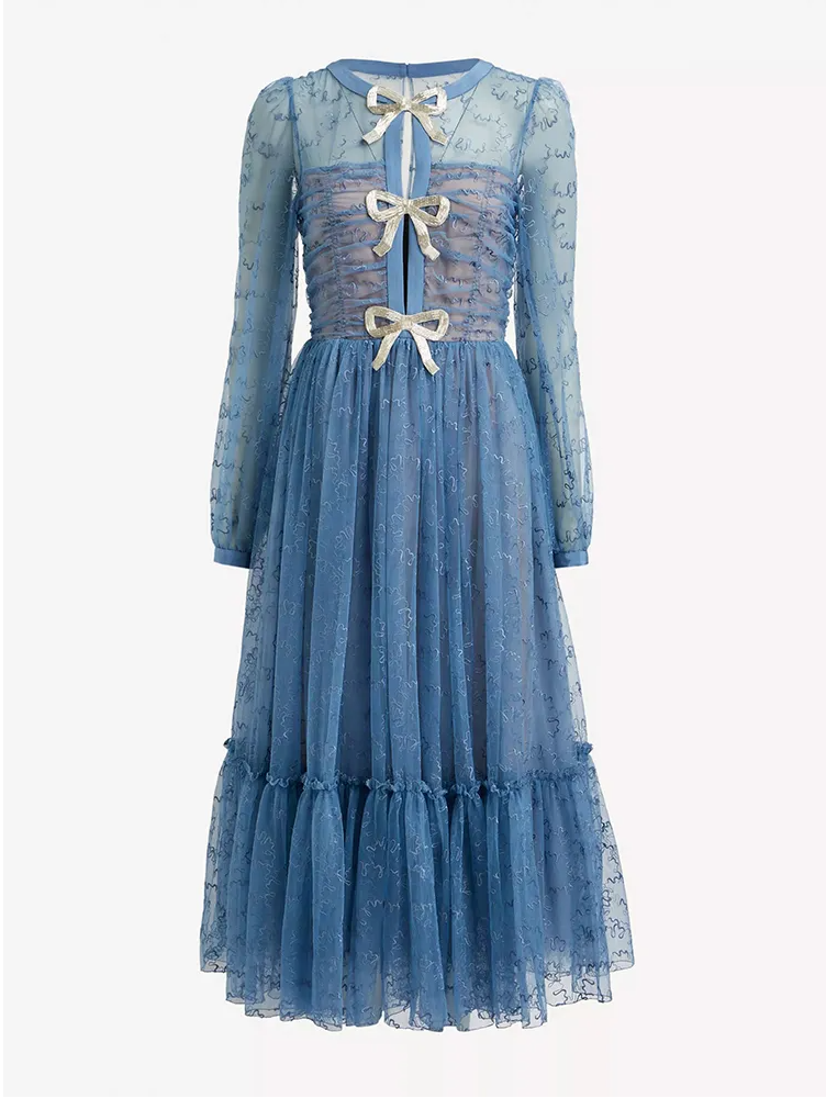 sheer embroidered midi dress with ribbon bows – Elueua