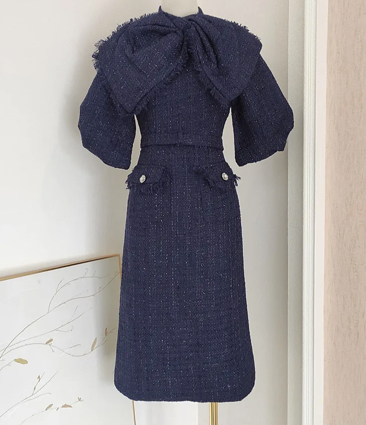tweed midi dress with bow collar – Eriella