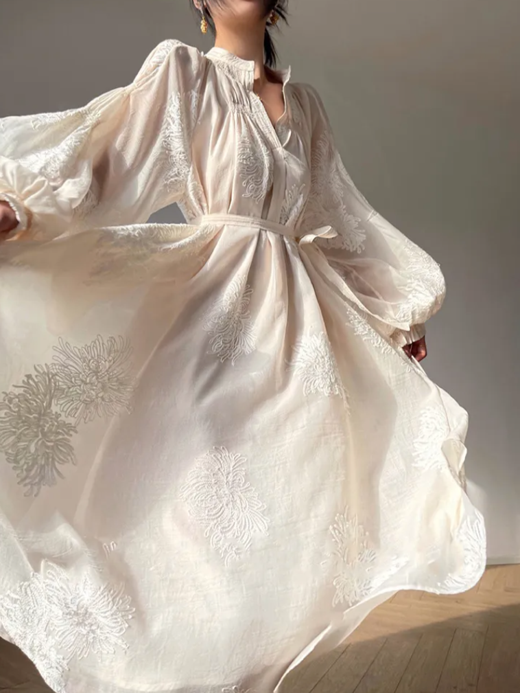 embroidered organza midi dress with puff sleeves – Feeiklig