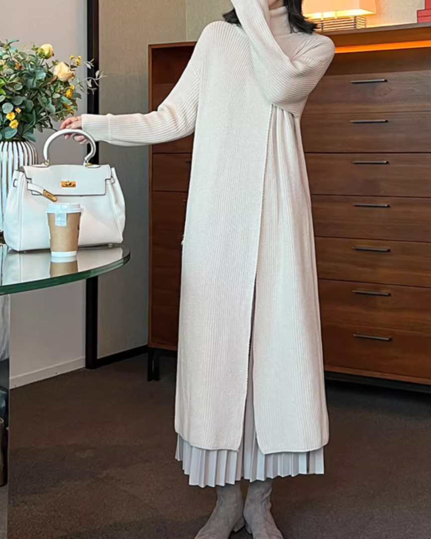 layered turtleneck knit dress with pleated skirt – Fansasa