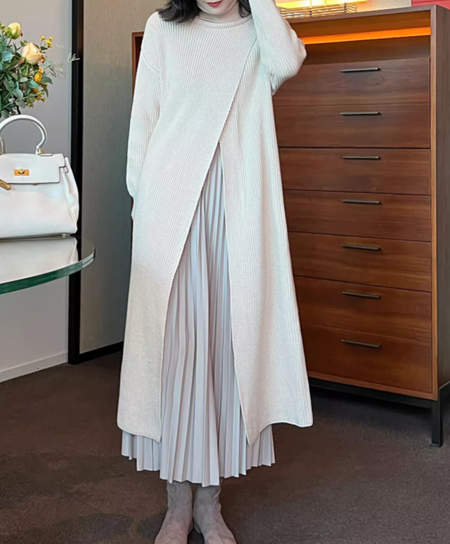layered turtleneck knit dress with pleated skirt – Fansasa