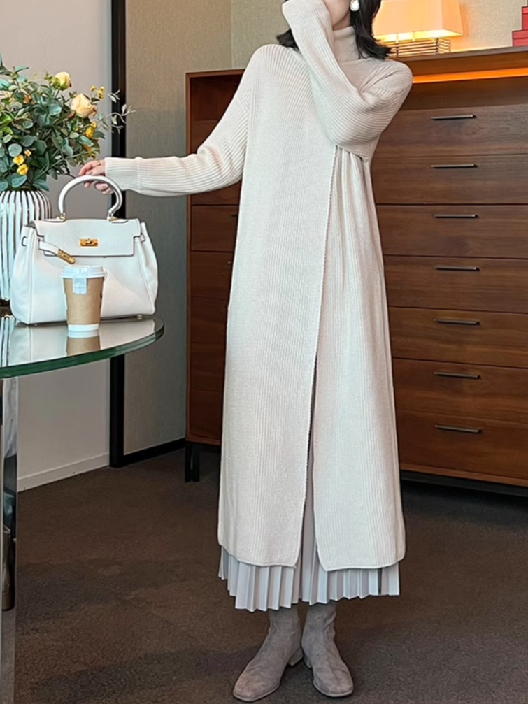 layered turtleneck knit dress with pleated skirt – Fansasa